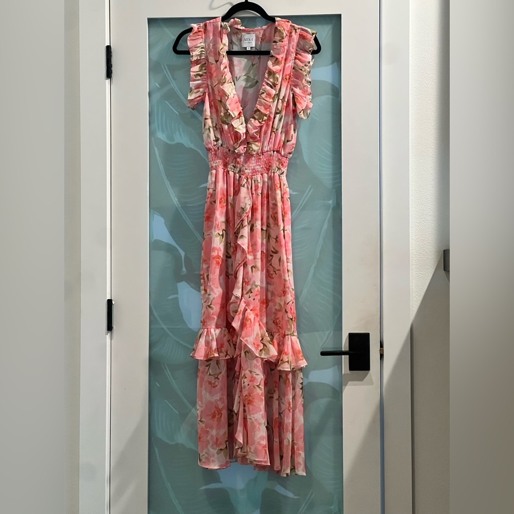 MISA Los Angles Floral Pink Ruffle Maxi Dress